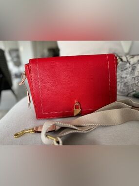 Carolina Herrera New Red Leather Crossbody Bag with Gold Lock